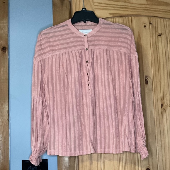 Anthropologie Tops - ANTHROPOLOGIE Romy Textured Peasant Henley‎ Button Top Blouse Peach XL
